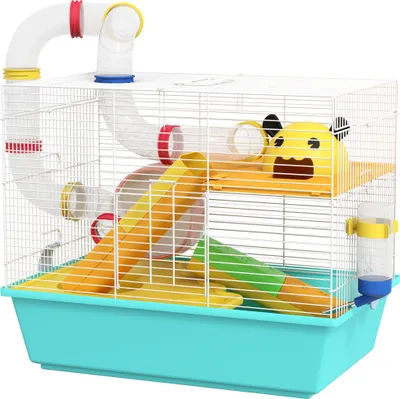 Produktbild von PawHut Hamsterkäfig, Hamsterhaus mit Tunnel, Laufrad, Schüssel, Rampen, Tränkehaus und Plattformen, 45 x 28 x 37 cm, Hellblau