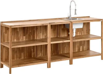 Produktbild von BELIANI Outdoor-Kücheninsel Braun u. Silber Akazienholz 3er Set mit Spüle und Armatur Modern für Garten Draußen Outdoor-Küchenmöbel Gartenküche