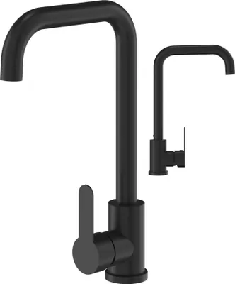 A black kitchen faucet is shown against a white background.