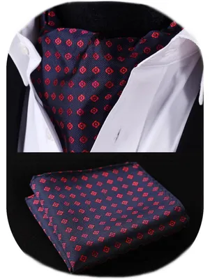 Productafbeelding van Sjaal voor heren, bloemenprint, Paisley-motief, Ascot-sjaal, zakdoekenset, marineblauw, rood, one size