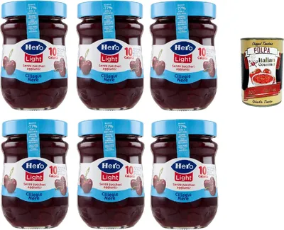 Produktbild von Hero Light Konfitüre Leichte Brotaufstriche Schwarze Kirschen, Extra-Marmelade und Konfitüre mit hochwertigen Früchten, ohne Zuckerzusatz und sehr wenig Kalorien 6x 280 g + Italian Gourmet polpa 400g