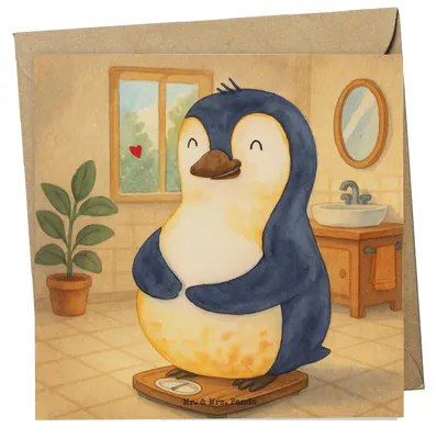 Produktbild von Mr. & Mrs. Panda Klappkarte Pinguin Diät Design - Weiß - Geschenk, Grußkarte, Abnehmen, faltkarte, Glückwunschkarte, doppelkarte, anlasskarte, Gewicht