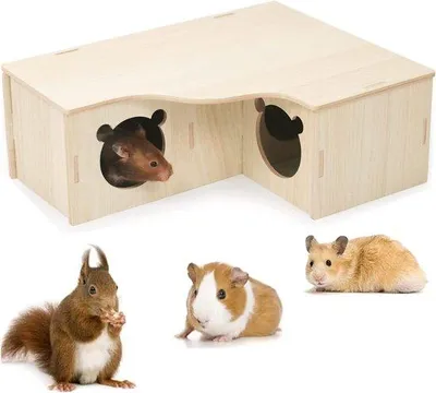 Productafbeelding van Houten hamsterhuis voor kleine huisdieren - 3-kamerhuis voor cavia's, grijzen en dwerghamsters - Ideaal als schuilplaats in een kooi of verblijf - Groot houten huis met meerdere ruimtes