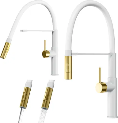 Two white kitchen faucets with gold accents are shown against a white background. Below the faucets, two spray heads are shown, one with water flowing.