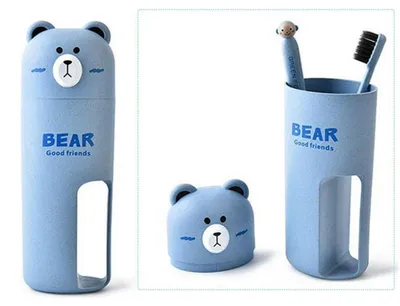Produktbild von Reise Zahnbürstenhalter Set mit 2 Zahnbürsten und Waschbecher, Weizenfaser, Blau