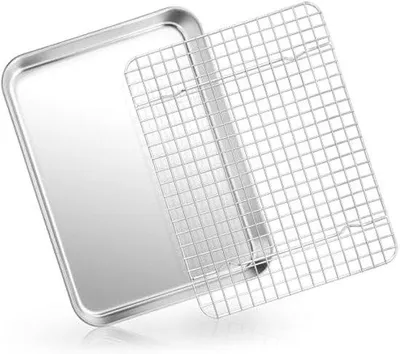 Image de Plaque de cuisson en acier inoxydable - 31,6 x 24,5 x 2,5 cm - avec grille de refroidissement - pour le four - lavable au lave-vaisselle