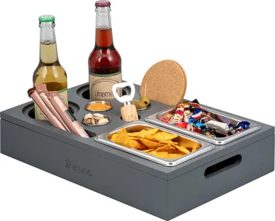Produktbild von eluno Couchbar, Serviertablett, Sofatablett aus Bambus mit Edelstahl Snackschalen inklusive Getränkehalter, grau