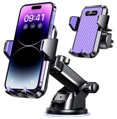 Immagine prodotto di Supporto per telefono da auto, montaggio tramite bocchetta dell'aria, colore viola, 4-in-1, con ventosa e protezione antigraffio, compatibile con iPhone, Samsung e Huawei