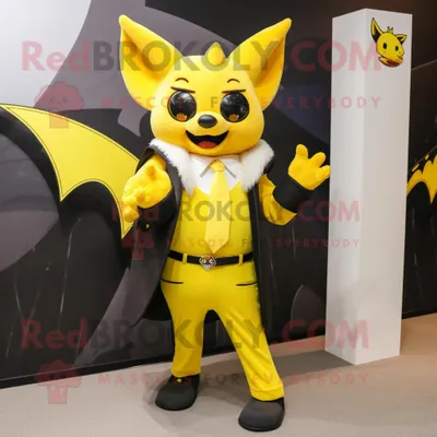 Produktbild von Gelbe REDBROKOLY Fledermaus Maskottchen kostümfigur bekleidet mit Blazer und Ohrringen