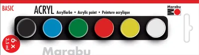 Zdjęcie produktu dla Marabu Acryl Basic, Czarny, Niebieski, Zielony, Czerwony, Biały, Żółty, Farba akrylowa, Płynny, 3,5 ml, 6 szt.