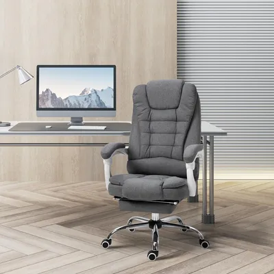 Image de Chaise de bureau avec repose-pieds rabattable, fauteuil de direction ergonomique aspect lin, chaise de bureau pivotante réglable en hauteur, gris | 65 x 70 x 118 cm | 135°