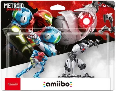 The image shows the packaging for an Amiibo Doppelpack featuring Samus and E.M.M.I. from Metroid Dread.