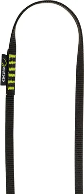 Schwarze Edelrid Tech Web Sling 12mm Schlinge mit gelben Nähten und schwarzem Markenetikett
