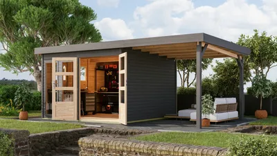 Produktbild von Karibu Gartenhaus Gerätehaus Lahar 6 im Set mit Anbaudach 2,40 m Breite rundum terragrau 524x306x216 cm
