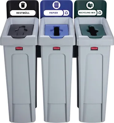 Produktbild von Rubbermaid Rubbermaid Abfallsammelsystem SLIM JIM® RECYCLING 91,44 x 102,24 x 54,61 cm (B x H x T) 3 x 87l 3 schwarz/blau/grün
