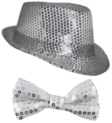 Produktbild von Pailletten Kostüm Set - Silber - Hut & Fliege