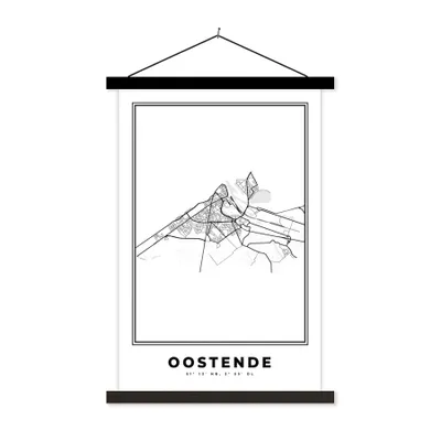 Produktbild von MuchoWow® Textilposter Belgien - Ostende - Stadtplan - Karte - Schwarz und weiß - Karte 60x90 cm mit schwarzem Rahmen - Poster Wohnzimmer