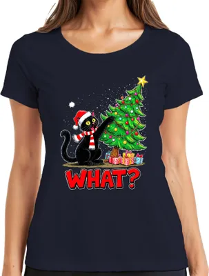 Produktbild von WHAT? schwarze Katze Weihnachten lustig Weihnachtsbaum Geschenke Damen T-Shirt, Navy, L