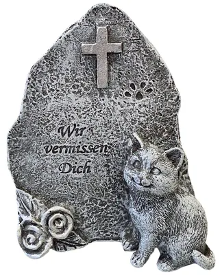Produktbild von Logbuch-Verlag Gedenkstein Katze Grau „Wir vermissen Dich“ – Grabstein Tiergrab Trauerdeko für Katzen aus Polyresin, wetterfest 11x10 cm