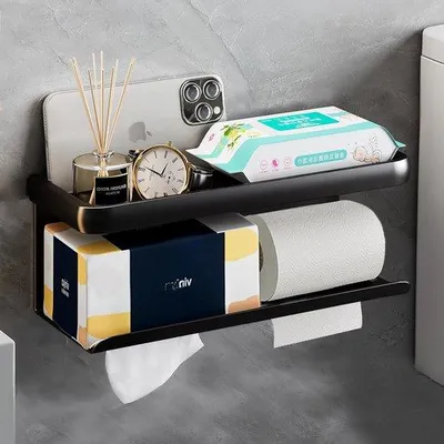 Zdjęcie produktu dla Uchwyt na papier toaletowy Famanu, montowany bez wiercenia - czarny, z półką