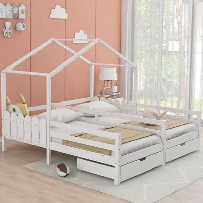 Produktbild von STILVORA Kinderbett 90x200, Hausbett mit 2 MDF-Schubladen, Schubladen auf Rollen, Einzigartiges geteiltes Doppelbett-Design, weiß