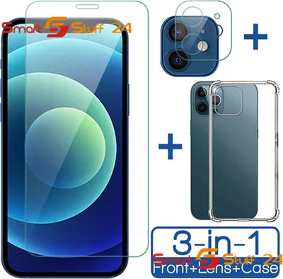 A collage showing a smartphone screen protector, a camera lens protector, and a transparent phone case, with text indicating a 3-in-1 bundle.