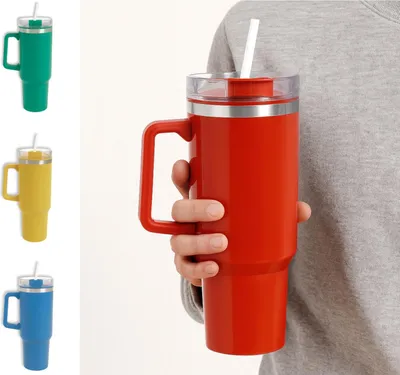Image de Mug isotherme XXL 1,2 L en acier inoxydable avec paille - Mug thermique, gobelet, tasse à boisson, tasse à café, gourde, mug de camping