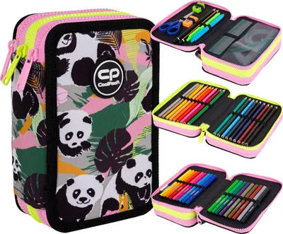 Produktbild von CoolPack XXL Federtasche, federmäppchen Mädchen, Federmappe Federmäppchen groß 44-teilig mit Aufnäher gefüllte Schüleretui 3-stöckig Motiv PANDA GANG
