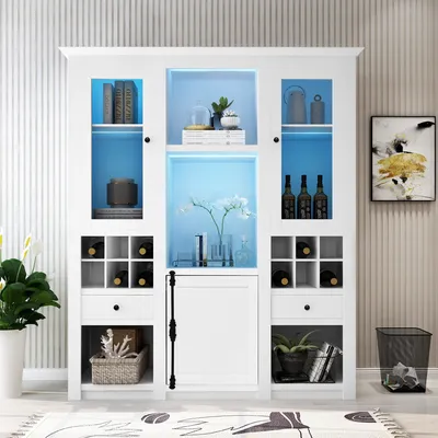 Produktbild von MODFU Vitrinen Hochschrank mit 7 Farben LED Beleuchtung für Badezimmer, Aufbewahrungsmöbel Standvitrinen Vitrinenschrank Stauraumvitrine mit Mehrere Lagerplätze für Wohnzimmer, Küche, Weiß