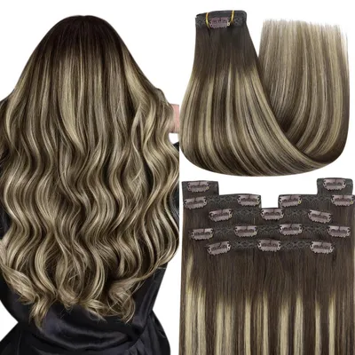 Obrázok produktu pre Clip-in predlžovanie vlasov, prírodné vlasy, ombre, tmavohnedá farba, popolavohnedá farba, 40 cm, 120 g