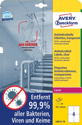 Obrázek produktu pro Avery L8013-10, Průhledná, A4, Polyester, Laser, Permanentní, Obdélník