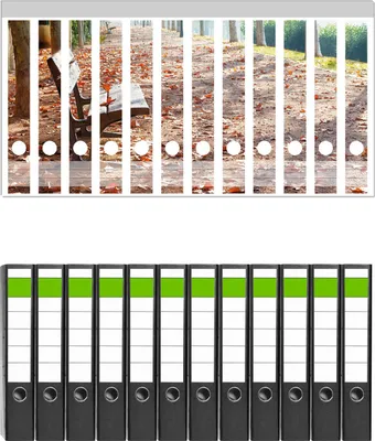Produktbild von Wallario 12 Stück schmale Ordner inkl. Klebeetiketten mit Motive Einsame Parkbank an einer Allee - Herbststimmung -  Set mit Rückenschildern / Ordnerrücken Stickern