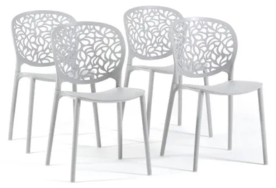 Produktbild von Set mit 4 stapelbaren Stühlen für Innen und Außen aus glasfaserverstärktem Polypropylen, Rückenlehne mit Blattmuster, für Garten Terrasse Bar Restaurant - Licia Hellgrau