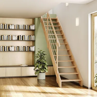 Produktbild von Raumspartreppe Intercon Palermo Buche | einseitiges Geländer mit Edelstahl-Geländerstäben | Holztreppe mit 13 Stufen für Geschosshöhen bis 280 cm