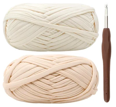 Image de Kit de fil à broder : 2 pelotes, fil pour t-shirt, aiguille à crochet de 6 mm, couleur blanche et crème