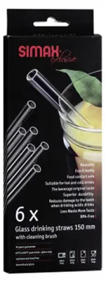 Obrázek produktu pro Sada 6 rovných skleněných brček na pití Simax včetně čisticího kartáčku 20 cm
