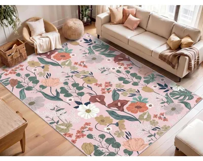 Image de Tapis pour salon, beige, 140x200 cm, motif floral, style bohème moderne, lavable, à poils courts