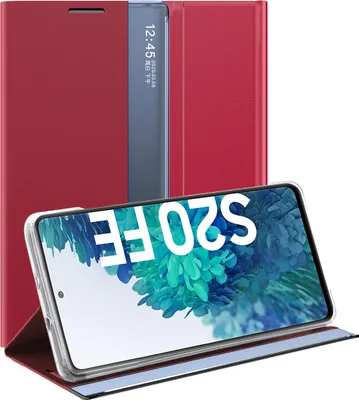 Produktbild von Galaxy S20 FE Hülle, LaimTop Slim Flip Leder Smart View Window Klappetui Schutzhülle mit Standfunktion für Samsung Galaxy S20 FE Rot