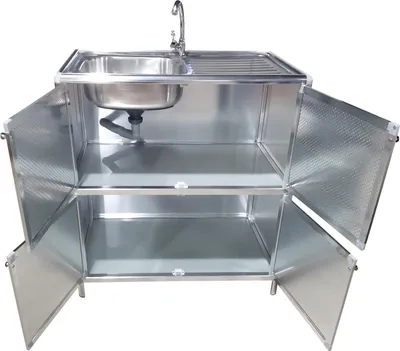 Produktbild von Spüle mit Abtropfläche und Unterschrank für Outdoorküche Silber