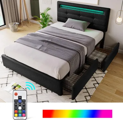 Image de OKWISH Lit avec rangement 90x200 cm - Tête de Lit LED et 2 Tiroirs - Sans Matelas - Noir