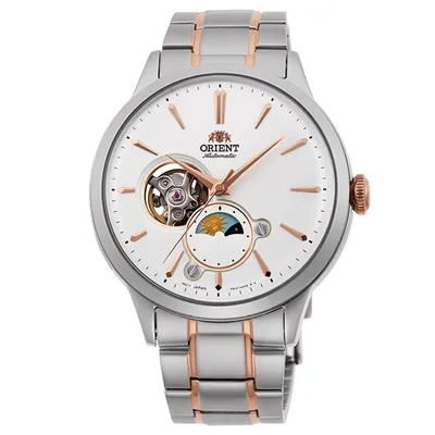 A studio shot of an Orient Sun and Moon Automatic watch.