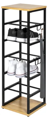 Image de Étagère à chaussures ouverte Eluno pour 6 paires de chaussures, en métal noir mat avec 2 étagères en bois, 4 crochets, pieds réglables en hauteur.