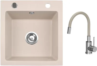 Produktbild von VBChome Granitspüle 50 x 48 cm Beige mit flexibler Armatur Einzelbecken Einbauspüle Gesprenkelt Pflegeleichtes Spülbecken mit Siphon