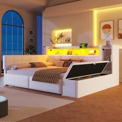 Image de Canapé-lit Fliek 140 x 190 cm avec pouf hydraulique, lit rembourré double avec fonction de rangement et cuir, lit pour adolescent en velours avec rangements, blanc