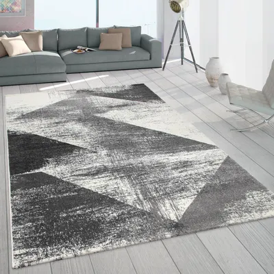 Image de Tapis salon à poils courts vintage pastel motif abstrait moderne gris crème dimensions 60 x 100 cm