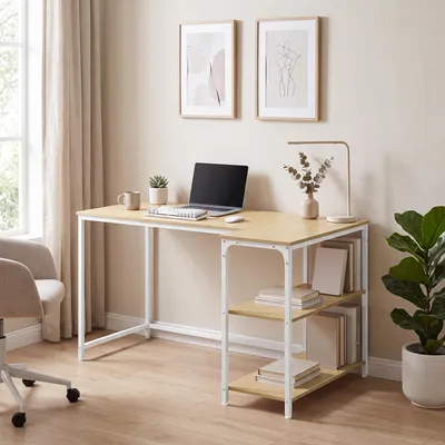 Produktbild von VASAGLE Schreibtisch mit Stauraum, L-Form Computertisch, höhenverstellbare Ablage, Büro, 120 x 80 cm, Natureichenfarben und Mattweiß