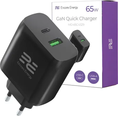 Produktbild von Netzladegerät GaN 65W USB-A + USB-C QC PD Encore Energy MD-65C4329