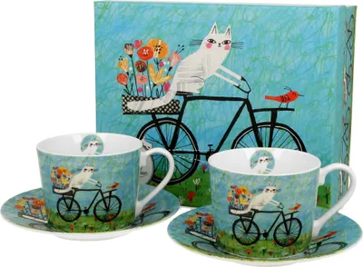 Obrázek produktu pro DUO ANIMALS sada 2 šálků 230 ml CAT'S WORLD - BICYCLE s podšálky,  porcelán Bone China
