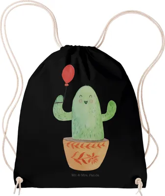 Produktbild von Mr. & Mrs. Panda Jutebeutel Kaktus Luftballon - Schwarz - Geschenk, wander rucksack, Sportbeutel, sporttasche klein, Ausbildung, Baumwollbeutel, Kakteen, Stoffbeutel