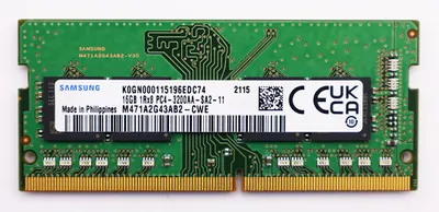 A close-up, top-down view of a Samsung SO-DIMM 16GB RAM module against a plain white background.